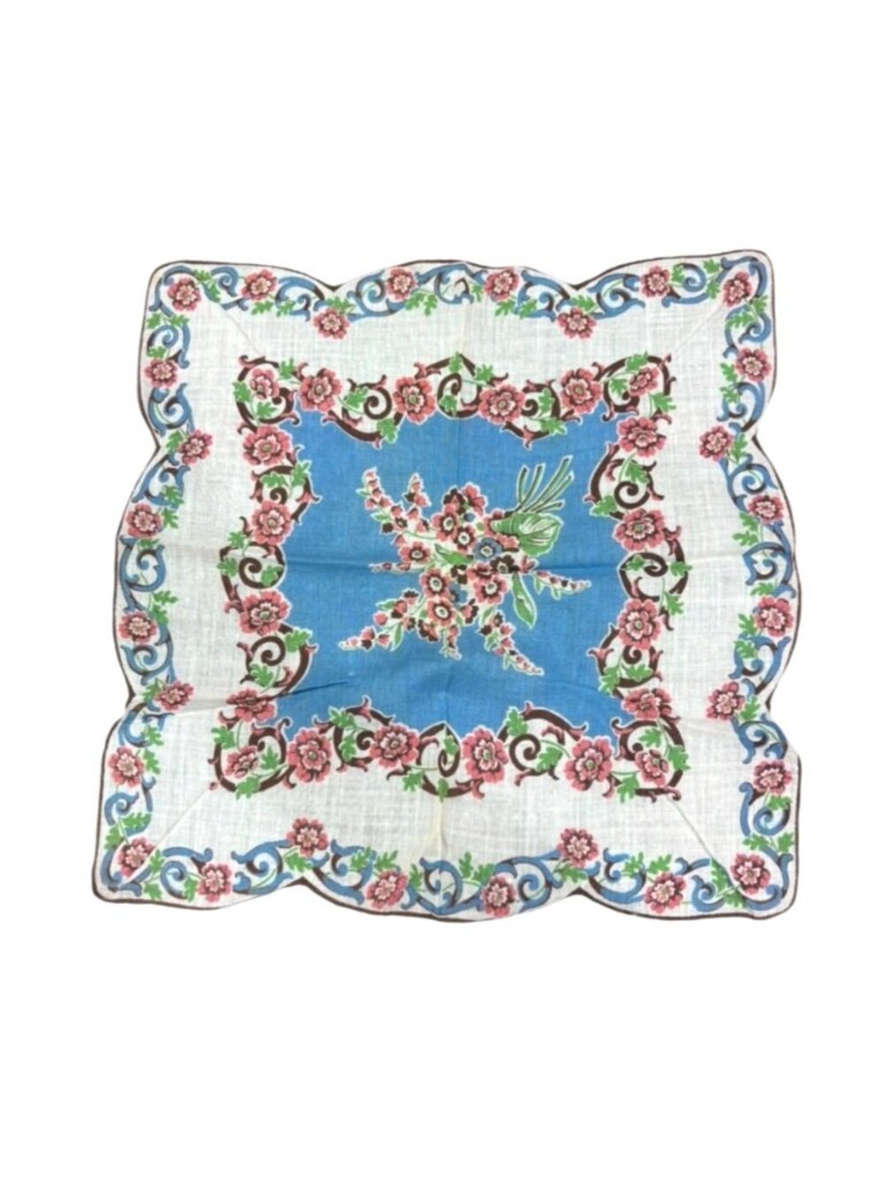 Vintage 13x13 Blue White Floral Handkerchief Scalloped Edge Cotton Coquette
